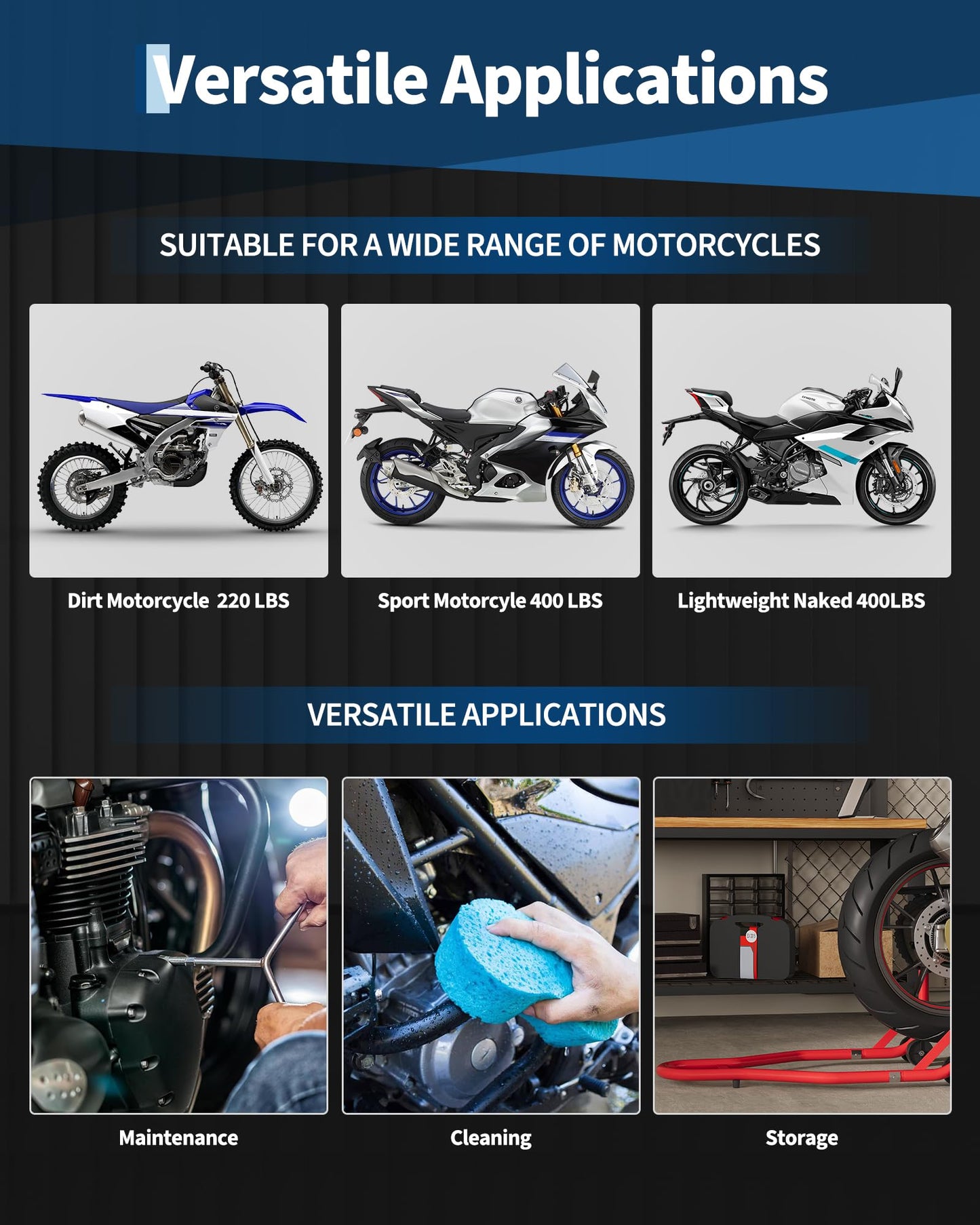 * Motorcycle Stand Lift Front & Rear For: Xpro X24 / Xpro Roadster 250 / Vitacci GTX 250 / Vitacci Titan 250 / Venom Superbike / Venom X22r Max / Boom Bd250 / Italica Krypto