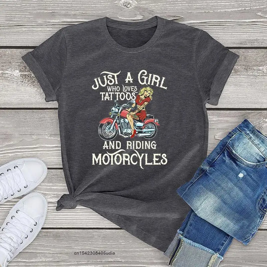 Womens Biker Cotton T-shirt Just A Girl Who Loves Tattoos And Motorcycles