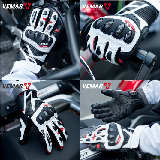 White Retro Real Leather Motorcycle Gloves Full Finger Breathable