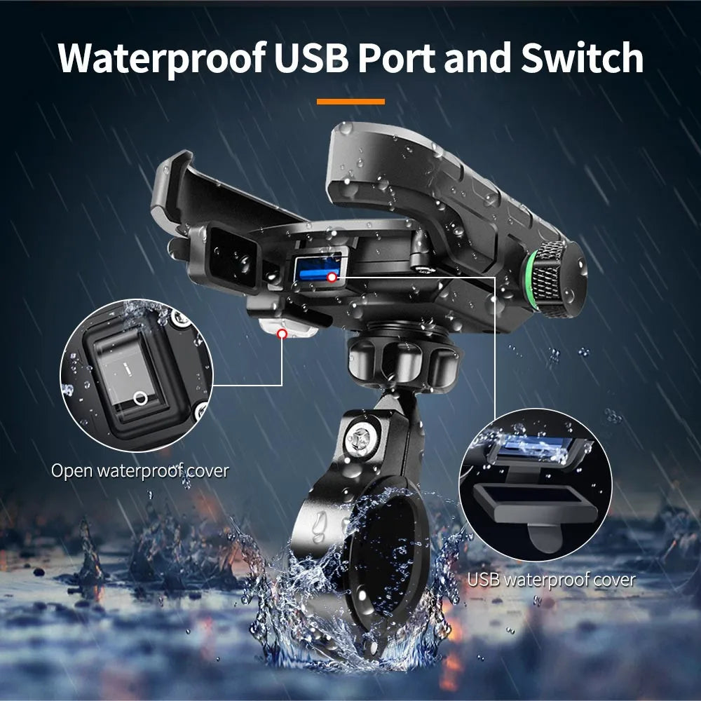 Motorcycle Mobile Phone Holder Stand Mount with Waterproof QC 3.0 USB Charger