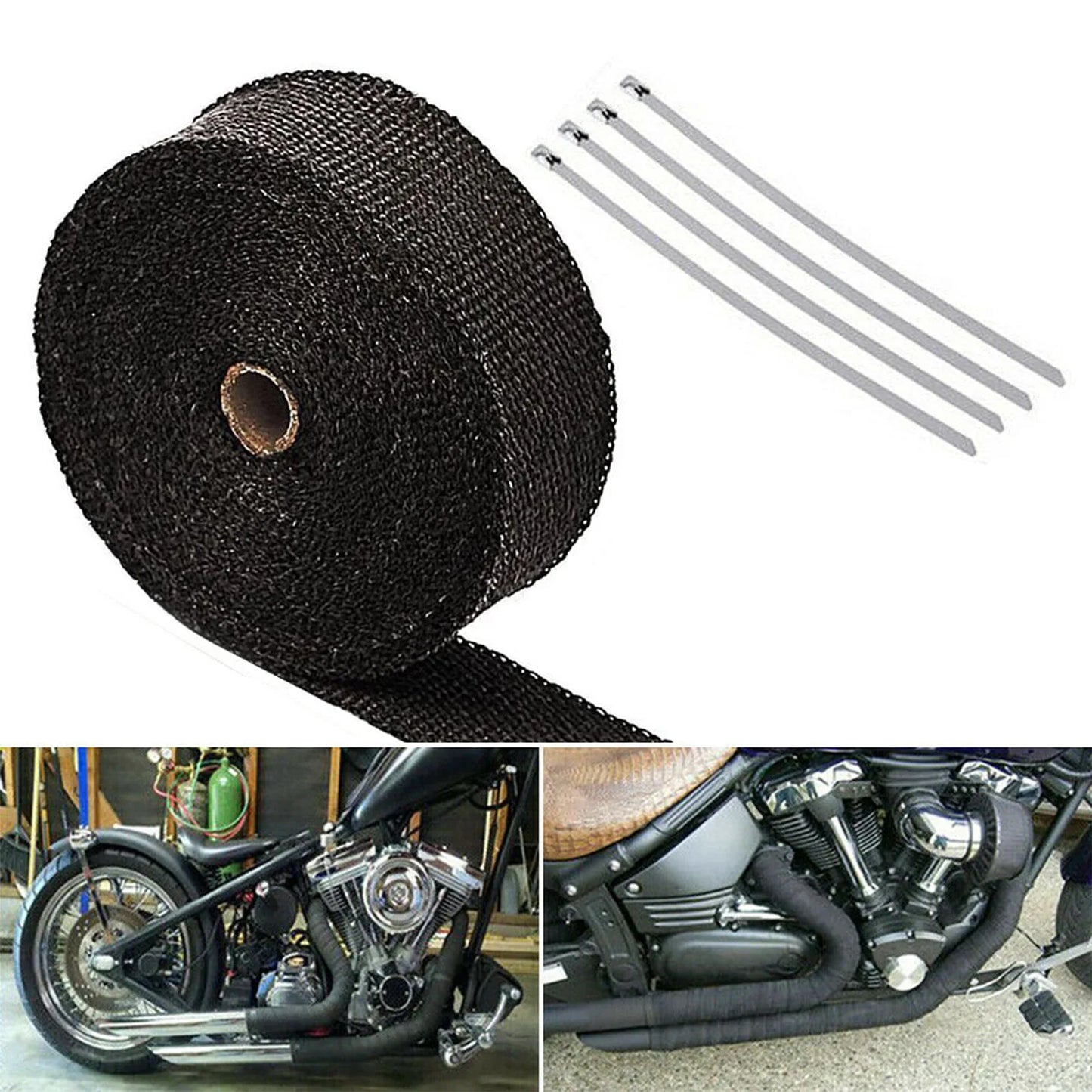 Motorcycle muffler Thermal Tape Exhaust Header Heat Wrap Manifold Insulation Roll Resistant with Stainless Ties