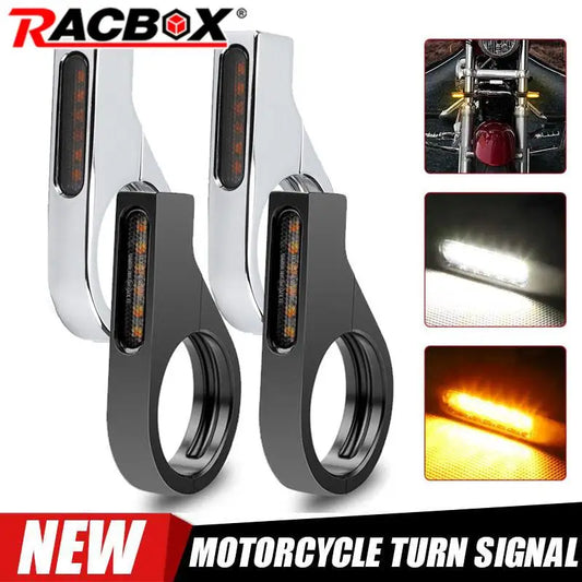 Motorcycle LED Turn Signal Light Amber White Lamp Fit 39mm-41mm Fork Tubes