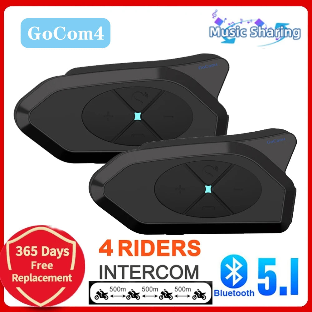 NOECI GoCom4 Motorcycle Intercom Bluetooth Headset For 4 Riders Group  1500m Full-duplex Interphone IP65 Music Sharing+ FM