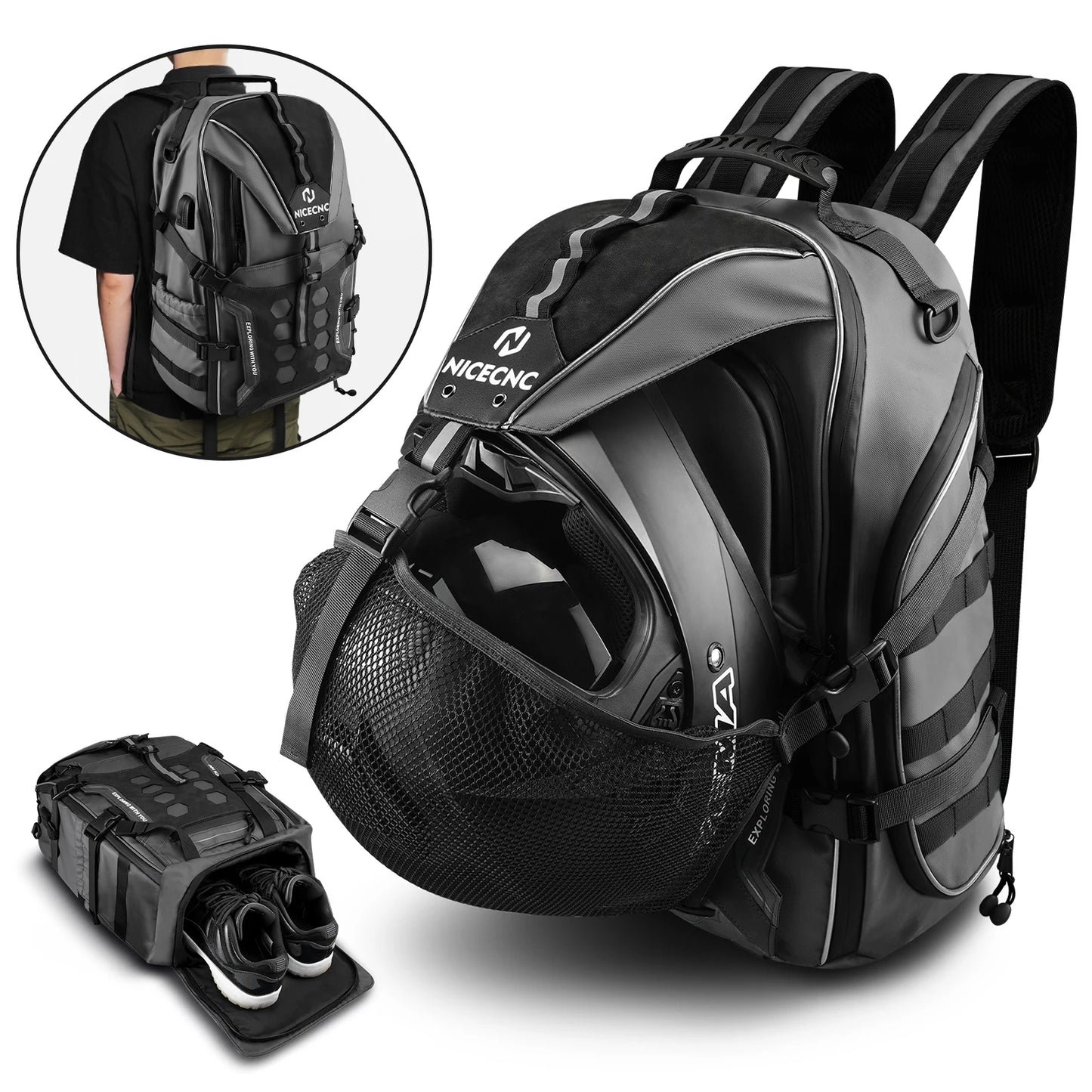 Nice CNC Motorcycle Backpack Waterproof 35L Helmet Storage Bag with USB-Charge Port