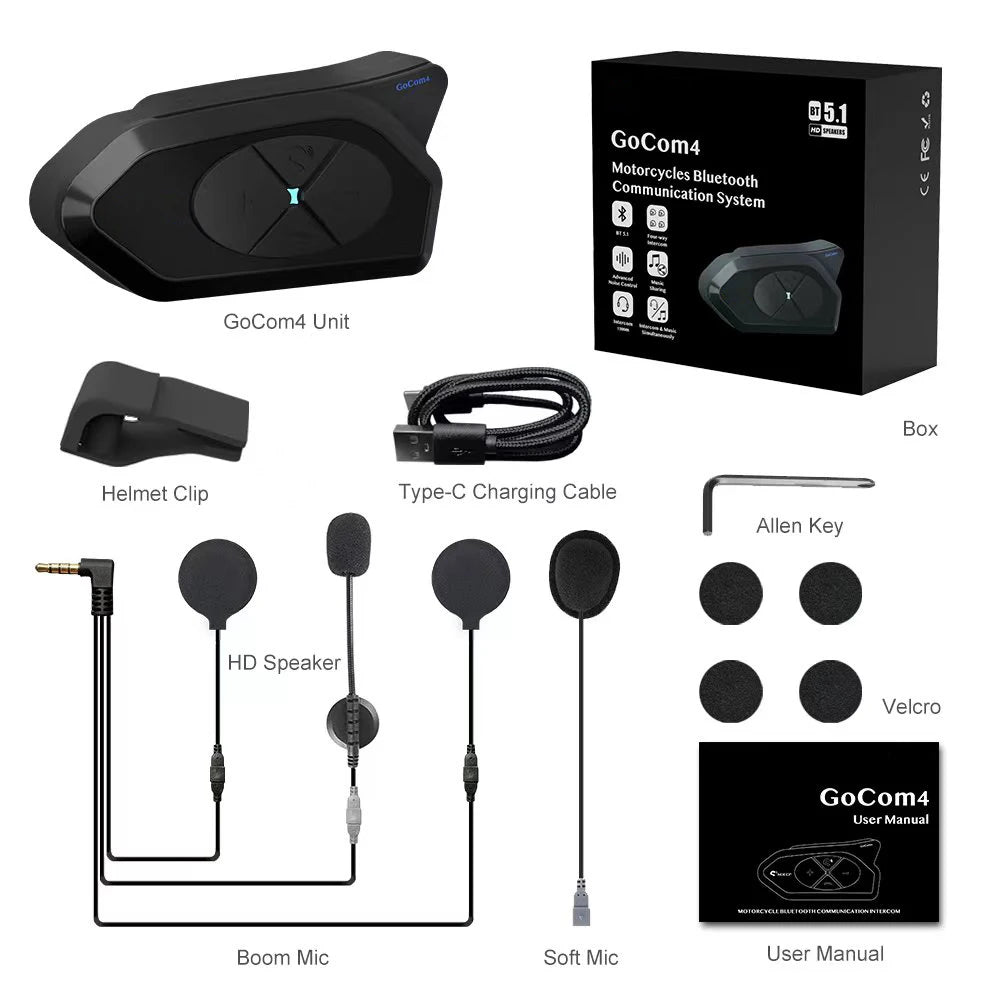 NOECI GoCom4 Motorcycle Intercom Bluetooth Headset For 4 Riders Group  1500m Full-duplex Interphone IP65 Music Sharing+ FM