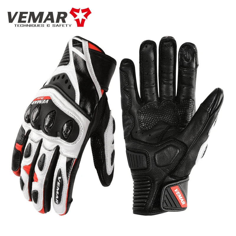 White Retro Real Leather Motorcycle Gloves Full Finger Breathable