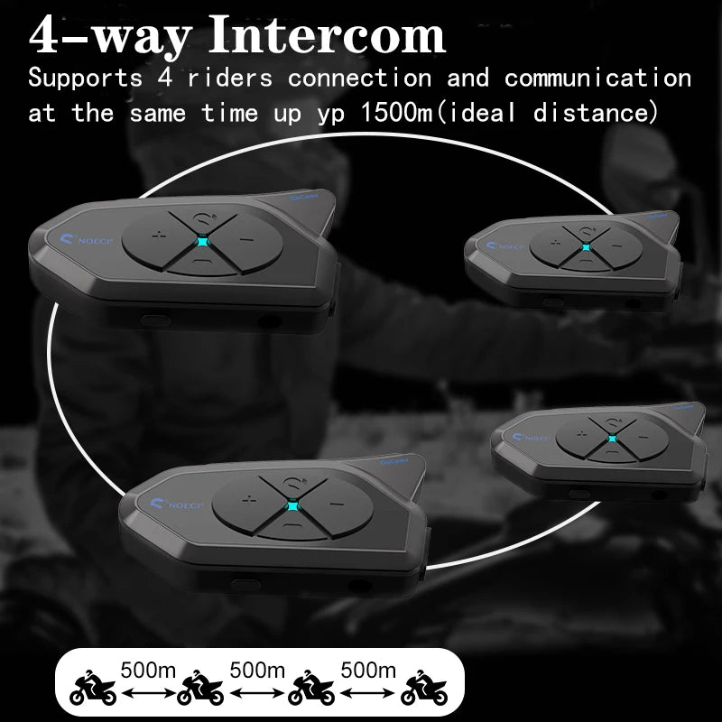 NOECI GoCom4 Motorcycle Intercom Bluetooth Headset For 4 Riders Group  1500m Full-duplex Interphone IP65 Music Sharing+ FM