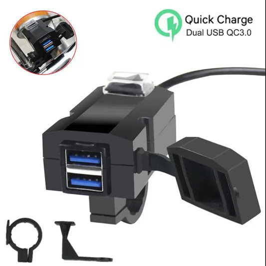 QC3.0 Motorcycle Charger Waterproof USB Adapter Mobile Phone Dual USB Fast Charger with Switch Handlebar Mounting Bracket